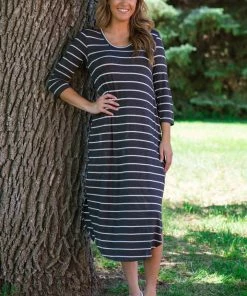 Hailey And Co Graphite And White Stripe Round Hem Midi Dress