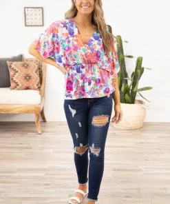 BOMBOM Tops Blue Multicolor Floral Surplice Peplum Top