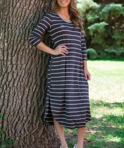 Hailey And Co Graphite And White Stripe Round Hem Midi Dress