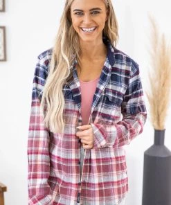 ARTIFACTS LONG SLEEVES Navy And Red Ombre Plaid Button Up Top