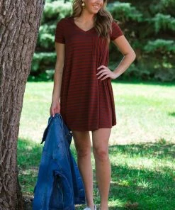 FSL Apparel Dresses Cranberry Stripe Knit Dress With Pocket