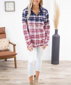 ARTIFACTS LONG SLEEVES Navy And Red Ombre Plaid Button Up Top