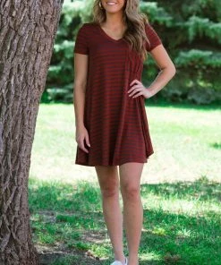 FSL Apparel Dresses Cranberry Stripe Knit Dress With Pocket