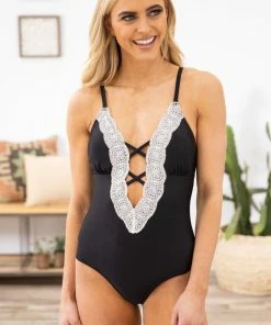 Charmo SWIMWEAR Black Lace Trim One Piece Swimsuit