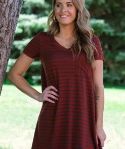 FSL Apparel Dresses Cranberry Stripe Knit Dress With Pocket