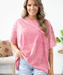 Zenana Pink Acid Wash Boyfriend Fit Tee Tops