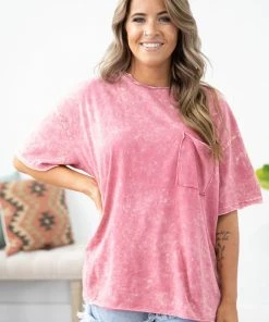 Zenana Pink Acid Wash Boyfriend Fit Tee Tops