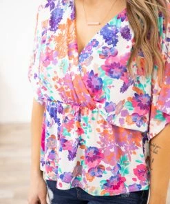 BOMBOM Tops Blue Multicolor Floral Surplice Peplum Top