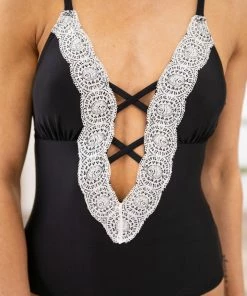 Charmo SWIMWEAR Black Lace Trim One Piece Swimsuit 11 Charmo SWIMWEAR Black Lace Trim One Piece Swimsuit