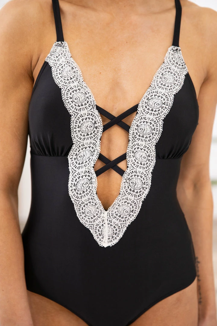 Charmo SWIMWEAR Black Lace Trim One Piece Swimsuit 7 Charmo SWIMWEAR Black Lace Trim One Piece Swimsuit