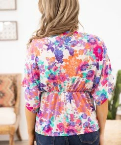BOMBOM Tops Blue Multicolor Floral Surplice Peplum Top