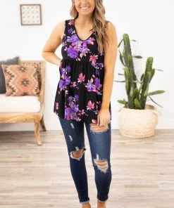 Heimish Black And Purple Floral Print Babydoll Tank