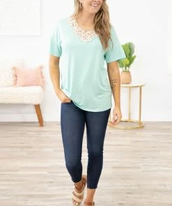 1 CLIQUE Mint Crochet Trim Dolman Sleeve Top Tops