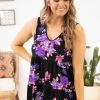 Heimish Black And Purple Floral Print Babydoll Tank 2 Heimish Black And Purple Floral Print Babydoll Tank
