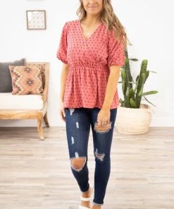 Staccato Tops Raspberry Dot Surplice Peplum Top
