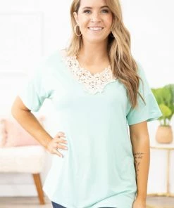 1 CLIQUE Mint Crochet Trim Dolman Sleeve Top Tops