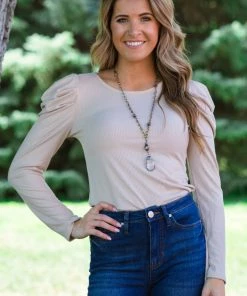 Lovely Melody Beige Puff Sleeve Rib Knit Top