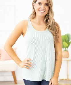 Blumin Apparel Mint And Off White Textured Stripe Tank Tops