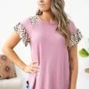 P & Rose Mauve Animal Print Colorblock Sleeve Top