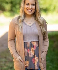 BE Stage SHORT SLEEVES Mocha Knit Cap Sleeve Floral Top