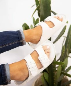 Legend White Double Strap Slip On Sandals