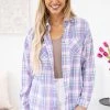 Lime N Chili LONG SLEEVES Lavender And Baby Blue Plaid Button Up Top