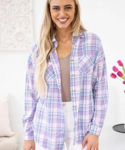 Lime N Chili LONG SLEEVES Lavender And Baby Blue Plaid Button Up Top