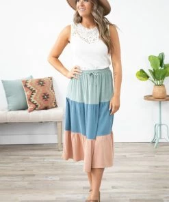 Ninexis Bottoms Dusty Blue And Sage Colorblock Maxi Skirt