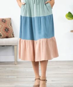 Ninexis Bottoms Dusty Blue And Sage Colorblock Maxi Skirt