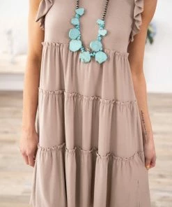 Zenana Dresses Mocha Tiered Skirt Flutter Sleeve Dress