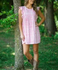 Andree By Unit Dresses White And Pink Boho Print Ruffle Trim Dress