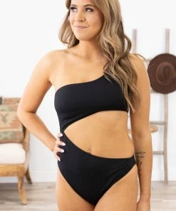Mono B SWIMWEAR Black One Shoulder Cutout One Piece Swimsuit