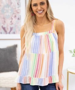 Davi & Dani Orange And Blue Multicolor Stripe Tank TANK TOPS