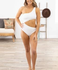 Mono B White One Shoulder Cutout Piece Swimsuit SWIMWEAR