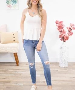 BIBI Off White Smocked Bodice Peplum Tank TANK TOPS 11 BIBI Off White Smocked Bodice Peplum Tank TANK TOPS