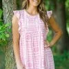 Andree By Unit Dresses White And Pink Boho Print Ruffle Trim Dress