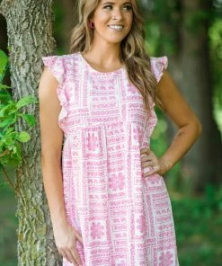 Andree By Unit Dresses White And Pink Boho Print Ruffle Trim Dress