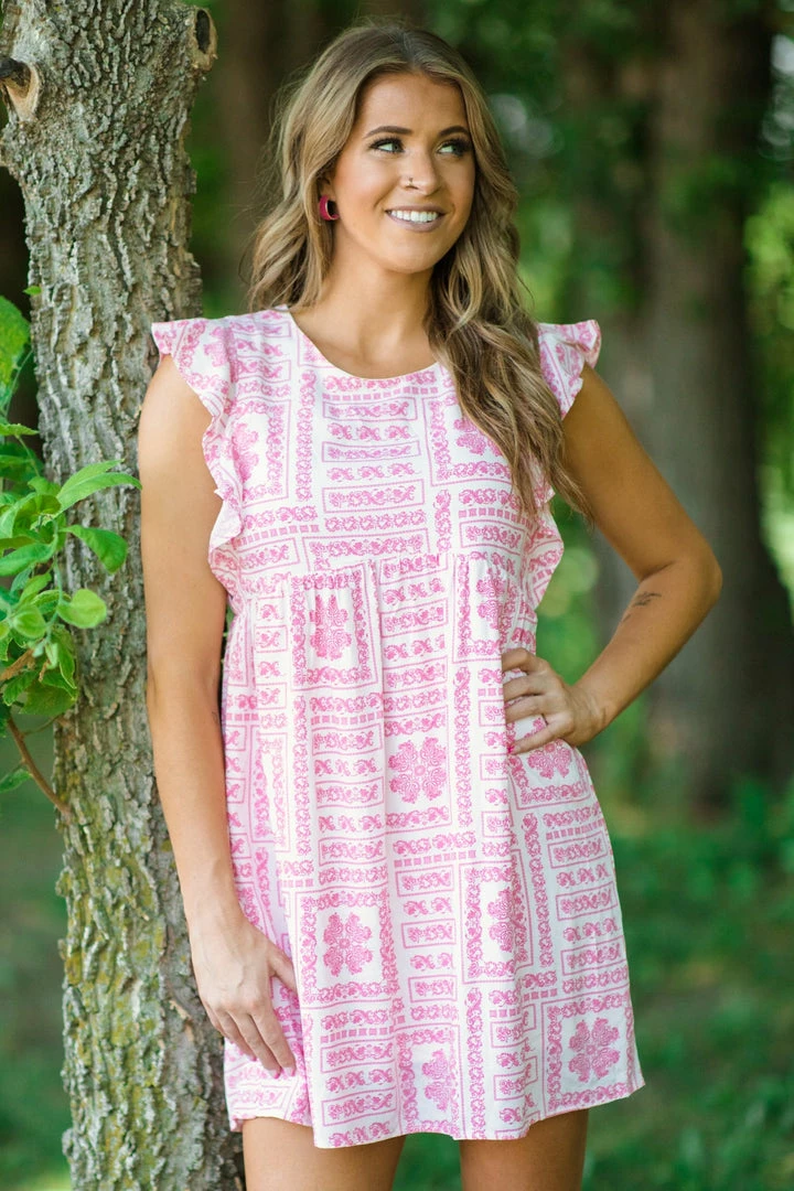 Andree By Unit Dresses White And Pink Boho Print Ruffle Trim Dress 3 Andree By Unit Dresses White And Pink Boho Print Ruffle Trim Dress