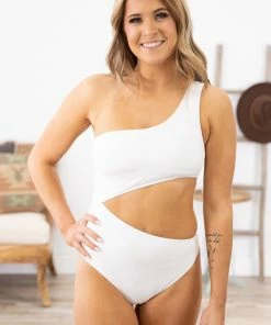 Mono B White One Shoulder Cutout Piece Swimsuit SWIMWEAR