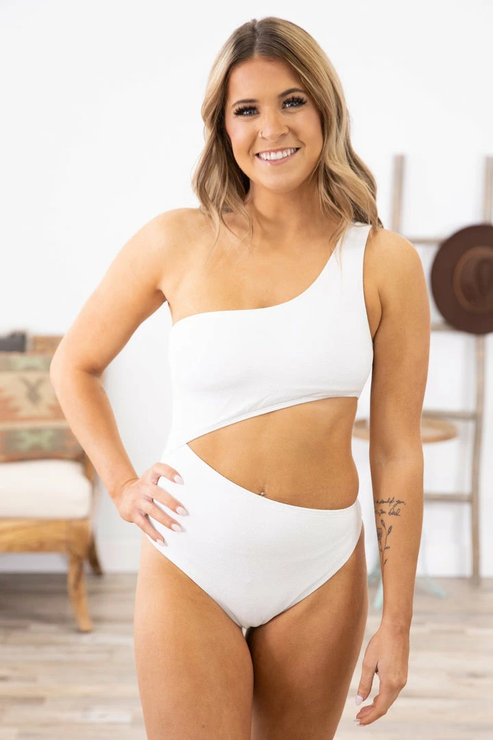 Mono B White One Shoulder Cutout Piece Swimsuit SWIMWEAR 3 Mono B White One Shoulder Cutout Piece Swimsuit SWIMWEAR
