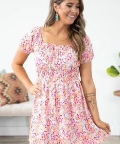 143 Story Dresses Coral Multicolor Smocked Waist Floral Dress