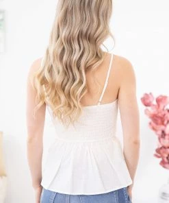 BIBI Off White Smocked Bodice Peplum Tank TANK TOPS 12 BIBI Off White Smocked Bodice Peplum Tank TANK TOPS