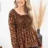 White Birch Cognac Smocked Bodice Animal Print Top