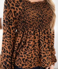 White Birch Cognac Smocked Bodice Animal Print Top 13 White Birch Cognac Smocked Bodice Animal Print Top