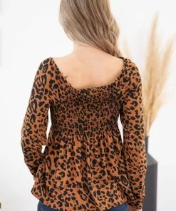 White Birch Cognac Smocked Bodice Animal Print Top 12 White Birch Cognac Smocked Bodice Animal Print Top