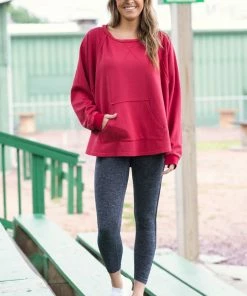 WHOLE SALE FASHION TRENDS Wine Round Hem Hooded Top Tops