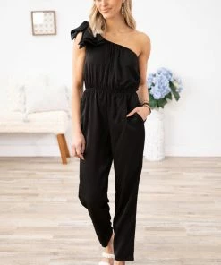 Kori America Dresses Black One Shoulder Elastic Waist Jumpsuit