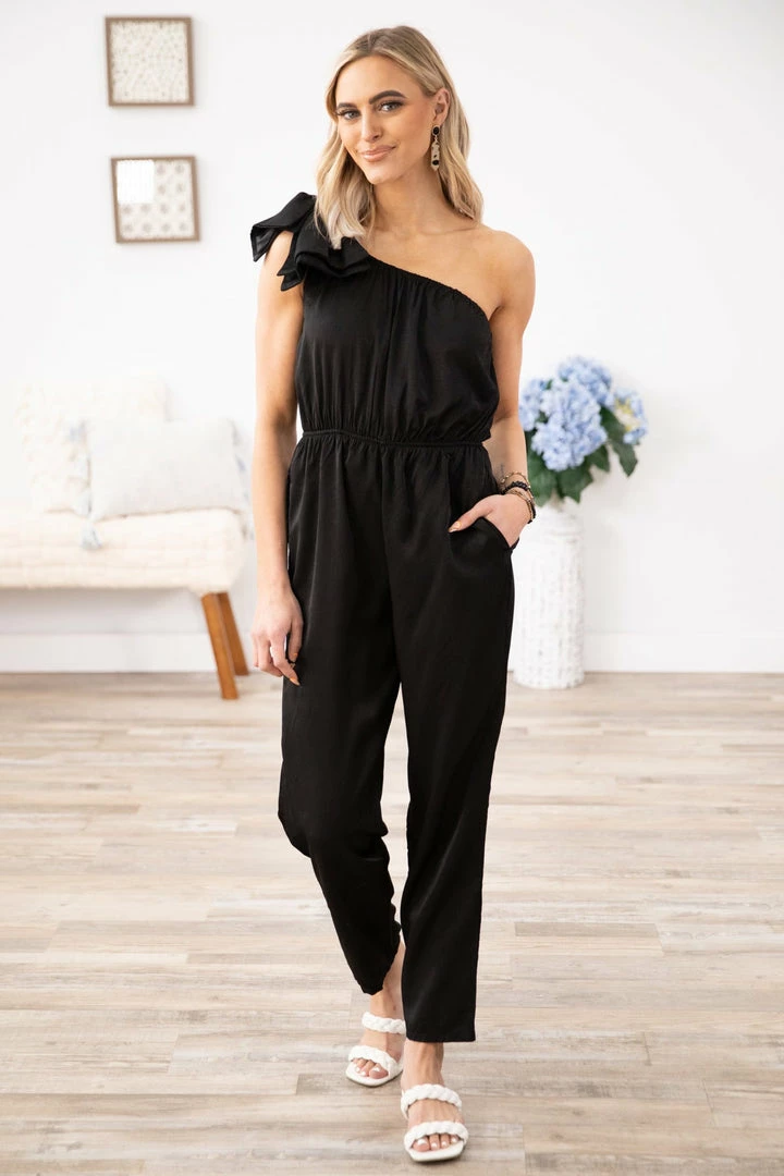 Kori America Dresses Black One Shoulder Elastic Waist Jumpsuit 3 Kori America Dresses Black One Shoulder Elastic Waist Jumpsuit