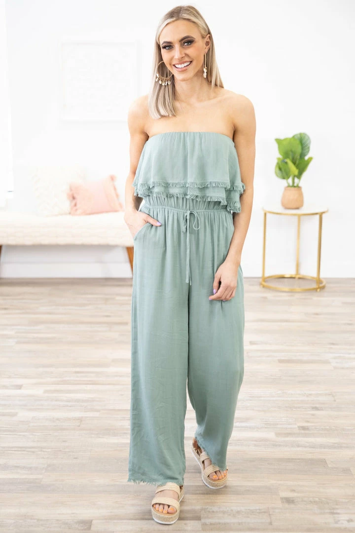 Gilli Dresses Sage Strapless Fray Trim Jumpsuit 4 Gilli Dresses Sage Strapless Fray Trim Jumpsuit