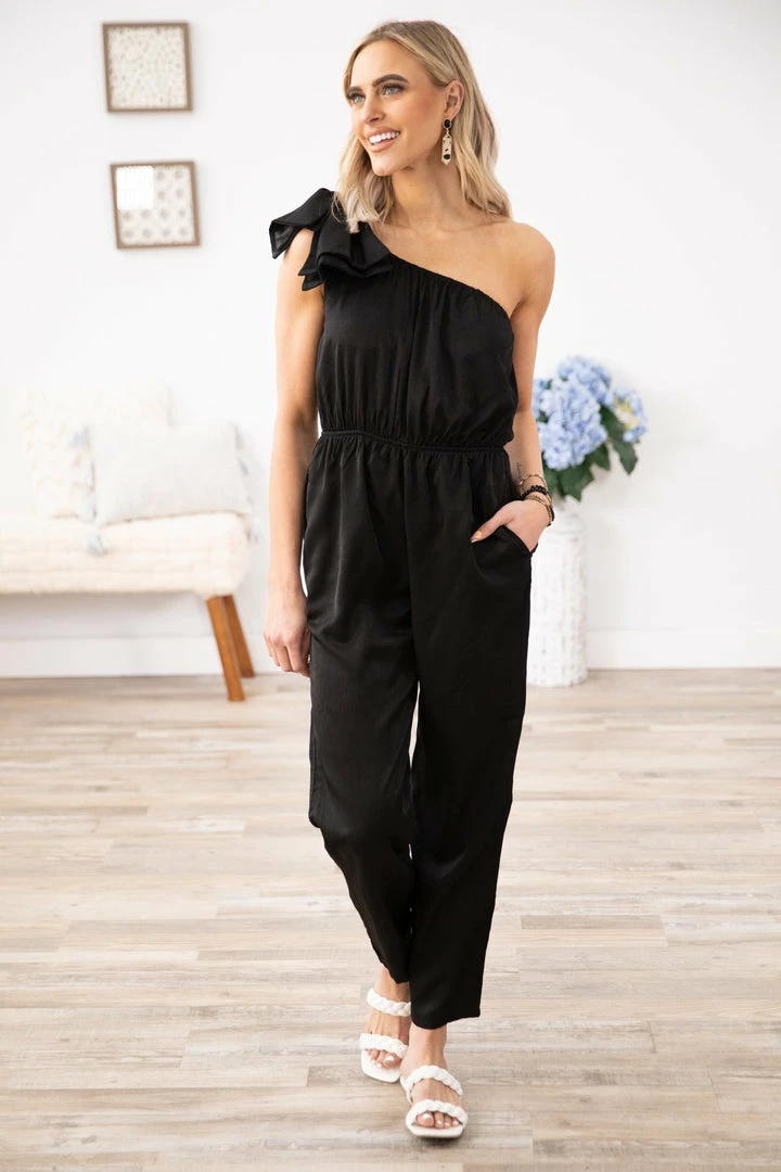 Kori America Dresses Black One Shoulder Elastic Waist Jumpsuit 4 Kori America Dresses Black One Shoulder Elastic Waist Jumpsuit